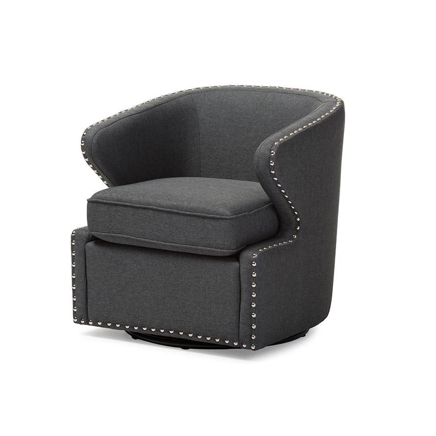 Baxton Studio Finley Mid-century Modern Grey Fabric Upholstered Swivel Armchair. Picture 1