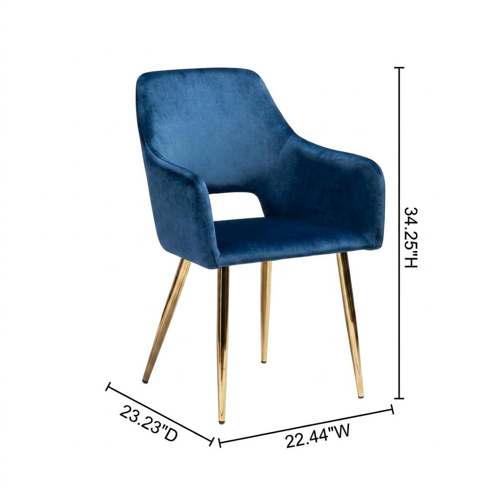 Polyester Upholstered Metal Dining Chairs, Navy Blue/Gold, Set of 2. Picture 6