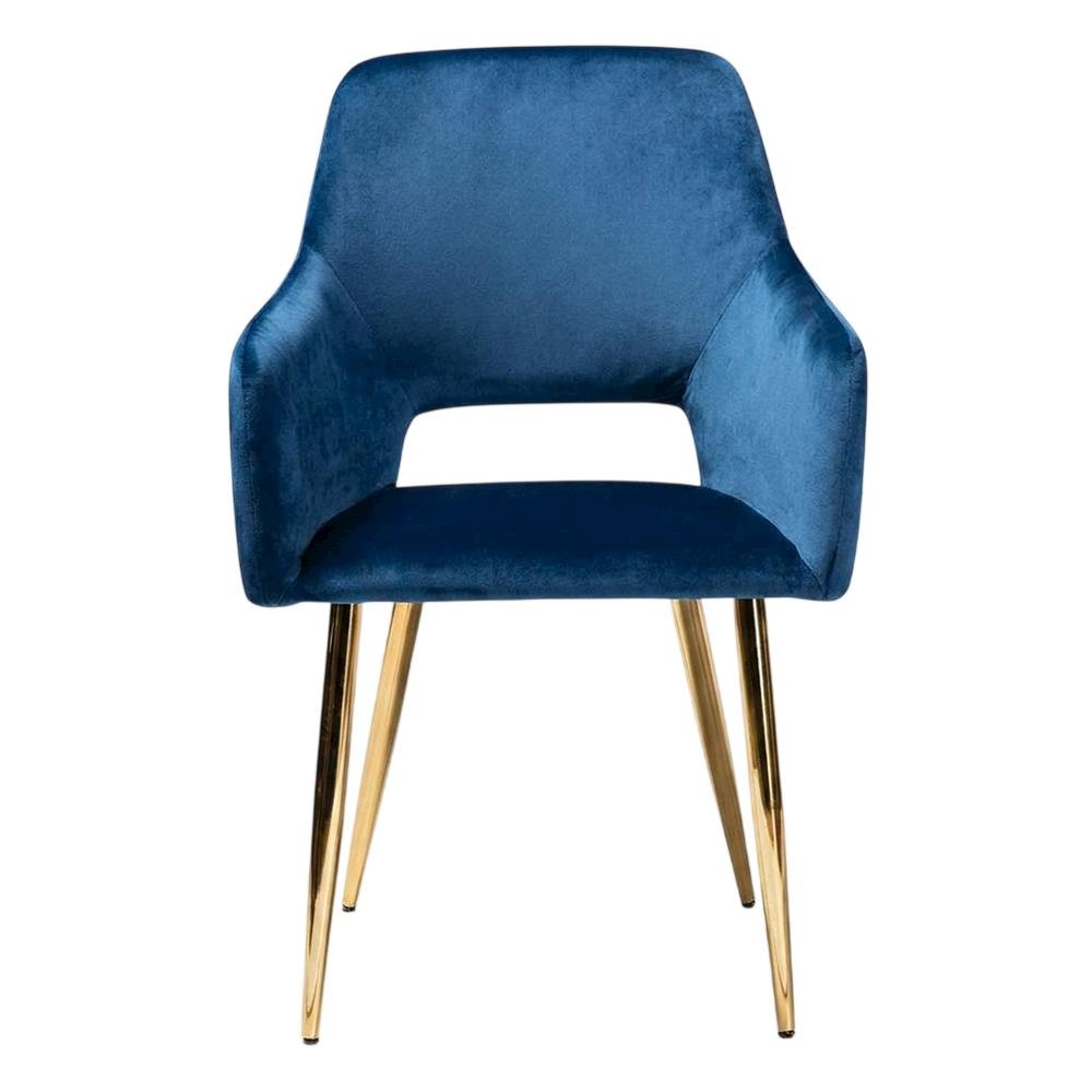Polyester Upholstered Metal Dining Chairs, Navy Blue/Gold, Set of 2. Picture 2