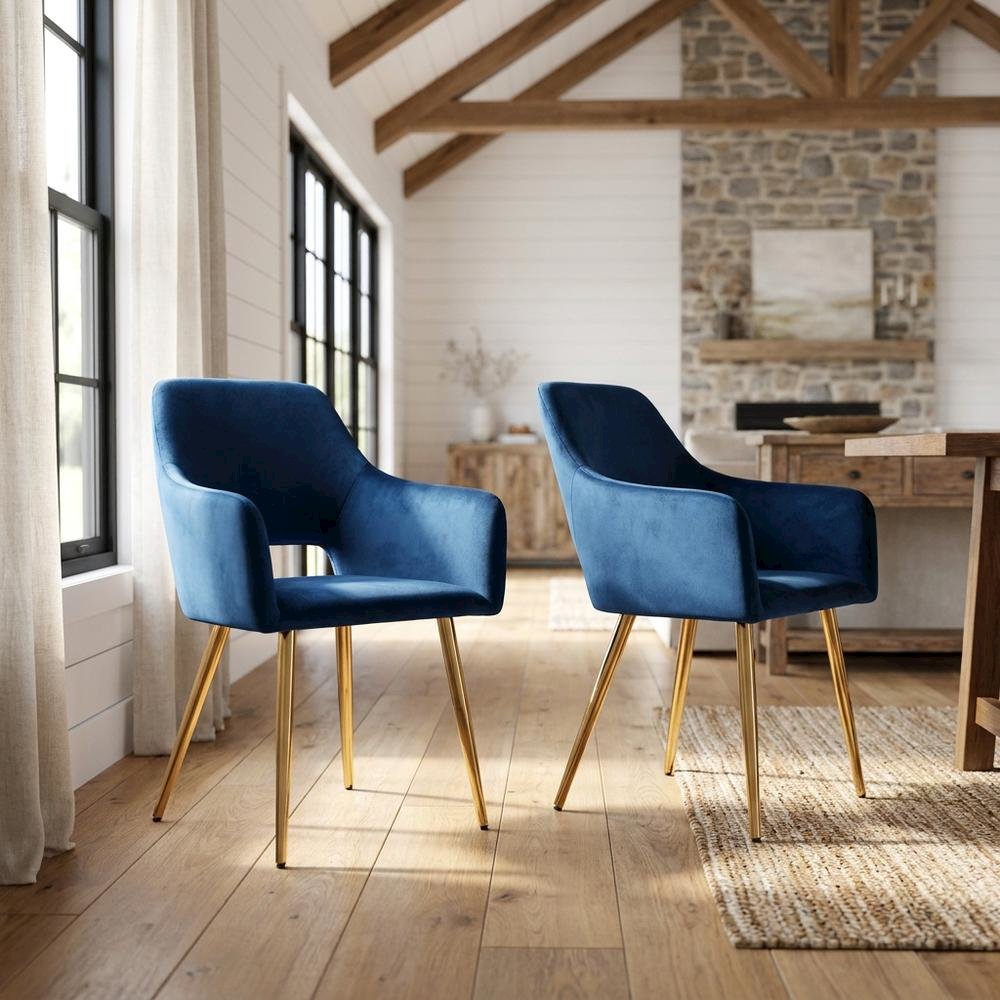 Polyester Upholstered Metal Dining Chairs, Navy Blue/Gold, Set of 2. Picture 3