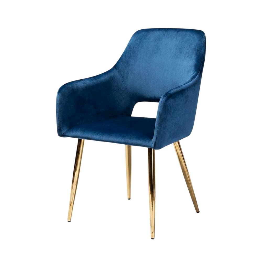 Polyester Upholstered Metal Dining Chairs, Navy Blue/Gold, Set of 2. Picture 5