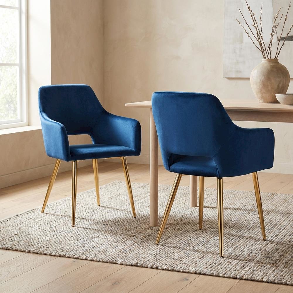 Polyester Upholstered Metal Dining Chairs, Navy Blue/Gold, Set of 2. Picture 4