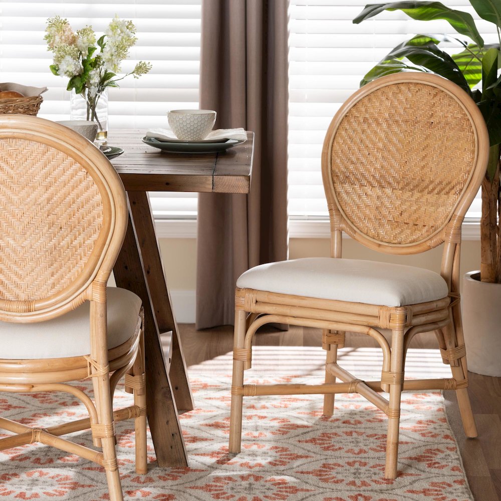 Elmer Natural Rattan Dining Chair - Handwoven Wicker Accent, Natural Brown. Picture 8