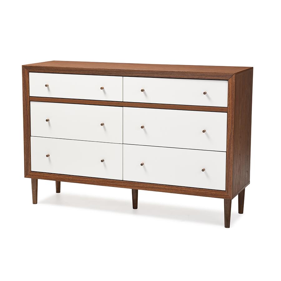 Harlow Mid-century Modern Scandinavian Style White and Walnut Wood 6-drawer Storage Dresser "Walnut" Brown/White. Picture 2