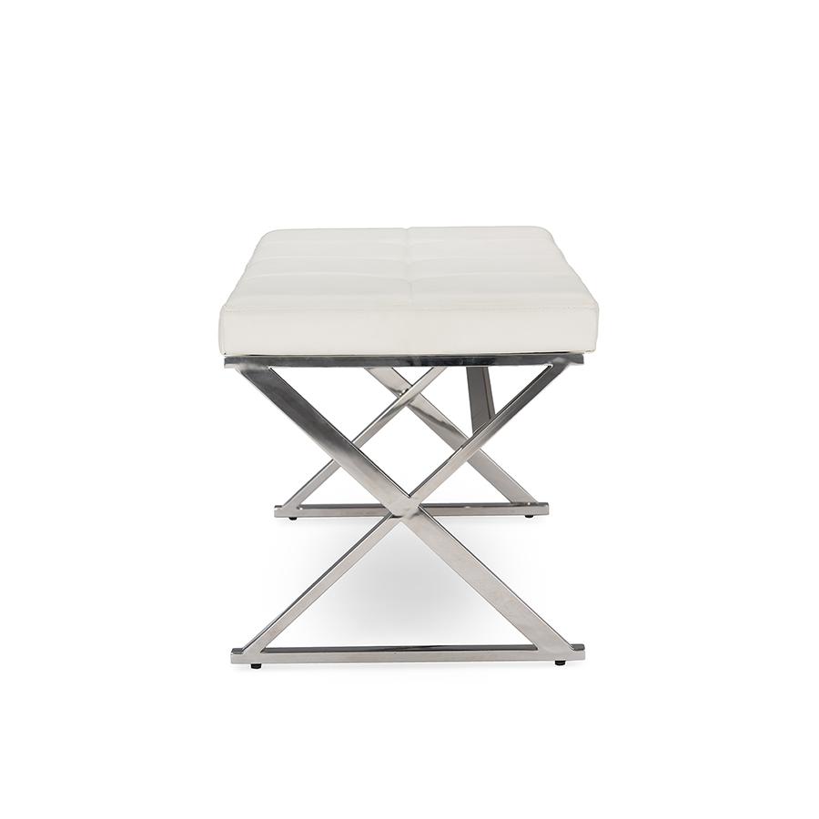 Herald Modern and Contemporary Stainless Steel and White Faux Leather Upholstered Rectangle Bench. Picture 3