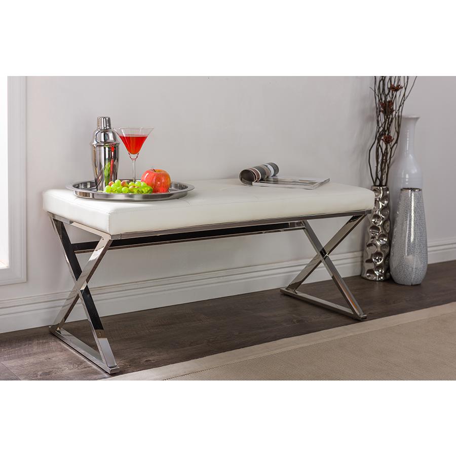 Herald Modern and Contemporary Stainless Steel and White Faux Leather Upholstered Rectangle Bench. Picture 4