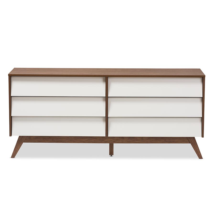 Hildon Mid-Century Modern White and Walnut Wood 6-Drawer Storage Dresser. Picture 3