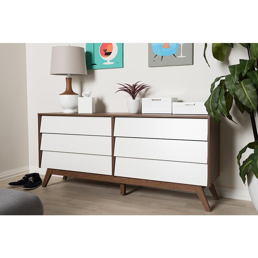 Hildon Mid-Century Modern White and Walnut Wood 6-Drawer Storage Dresser. Picture 5