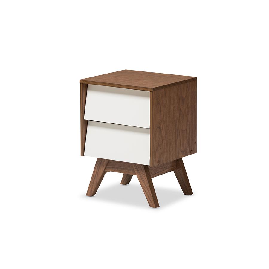 Hildon Mid-Century Modern White and Walnut Wood 2-Drawer Storage Nightstand. Picture 1