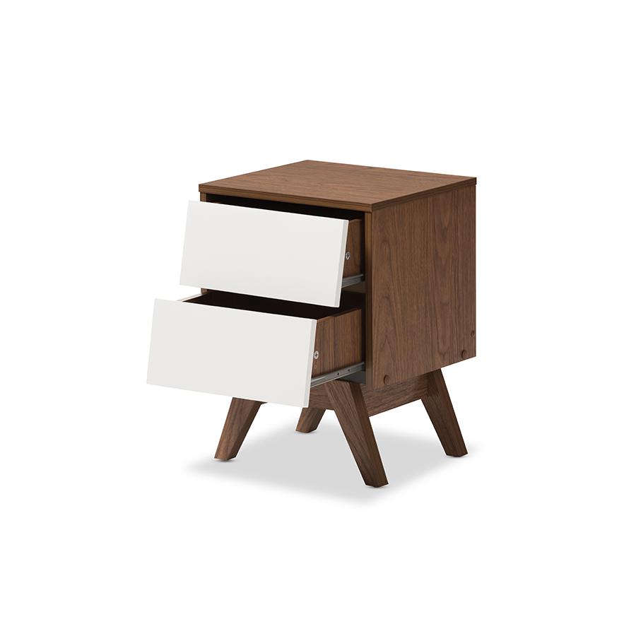 Hildon Mid-Century Modern White and Walnut Wood 2-Drawer Storage Nightstand. Picture 2