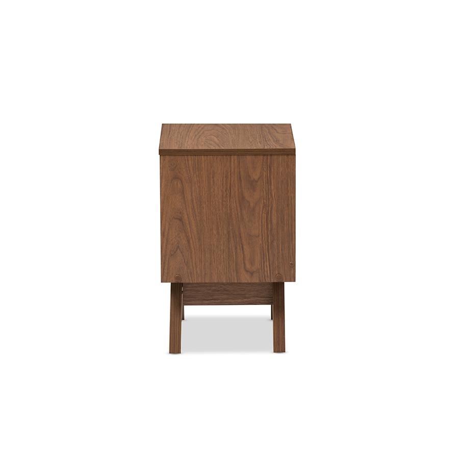 Hildon Mid-Century Modern White and Walnut Wood 2-Drawer Storage Nightstand. Picture 4