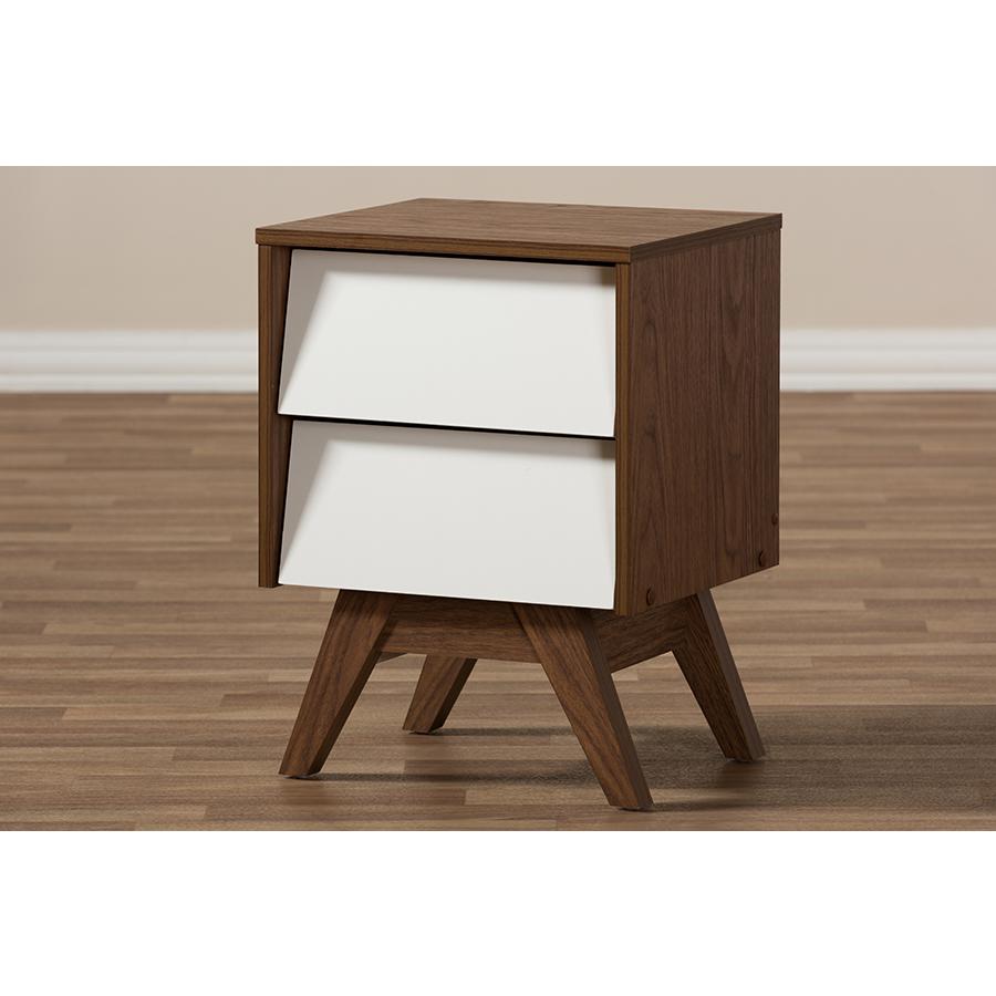 Hildon Mid-Century Modern White and Walnut Wood 2-Drawer Storage Nightstand. Picture 6