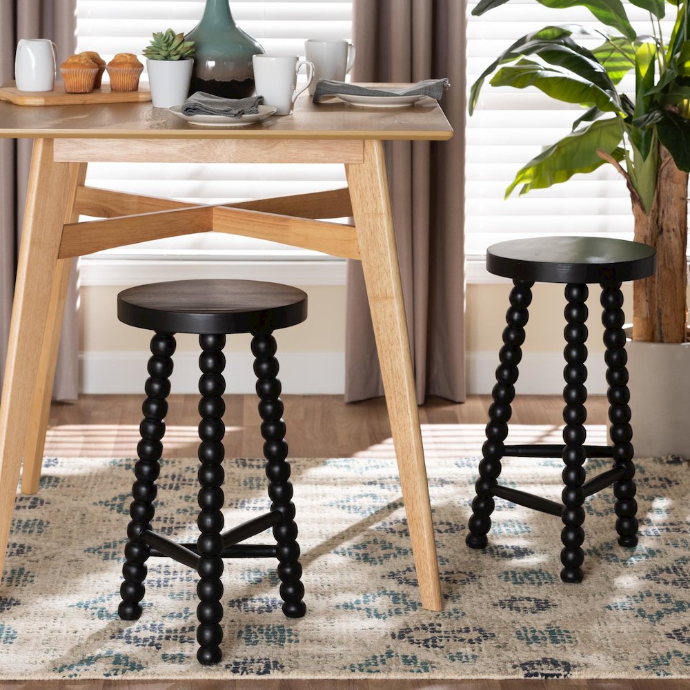 David Acacia Wood Bobbin Counter Stool - Sculptural Backless Accent, Black. Picture 6