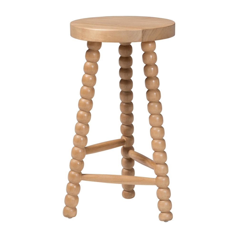 David Acacia Wood Bobbin Counter Stool - Sculptural Backless, Natural Brown. Picture 1