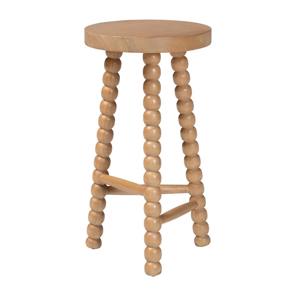 David Acacia Wood Bobbin Counter Stool - Sculptural Backless, Natural Brown. Picture 2