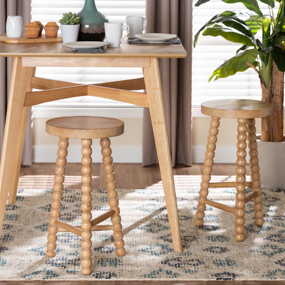 David Acacia Wood Bobbin Counter Stool - Sculptural Backless, Natural Brown. Picture 6