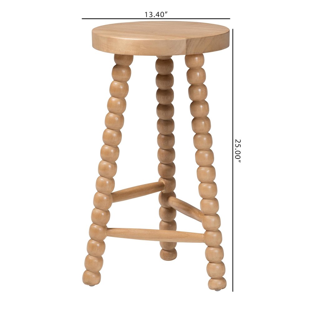 David Acacia Wood Bobbin Counter Stool - Sculptural Backless, Natural Brown. Picture 7