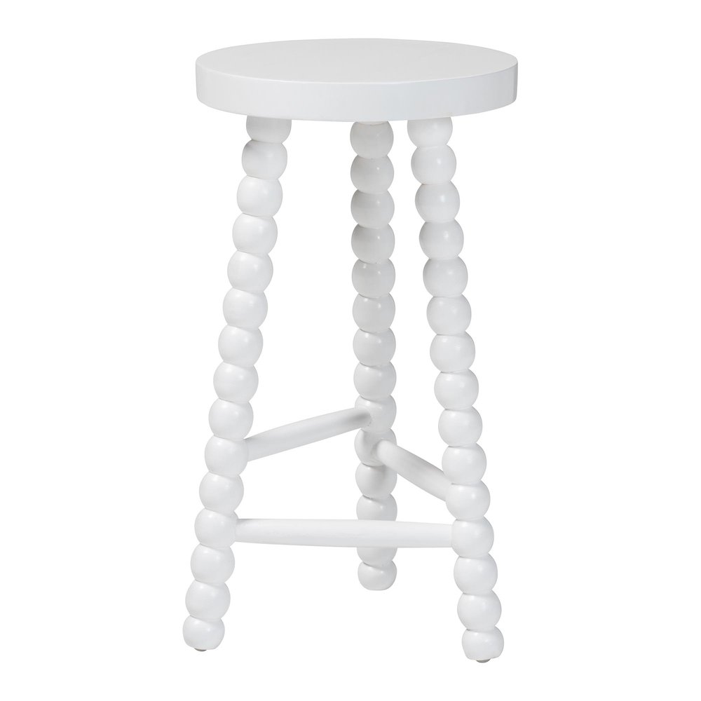 David Acacia Wood Bobbin Counter Stool - Sculptural Backless Accent, White. Picture 1