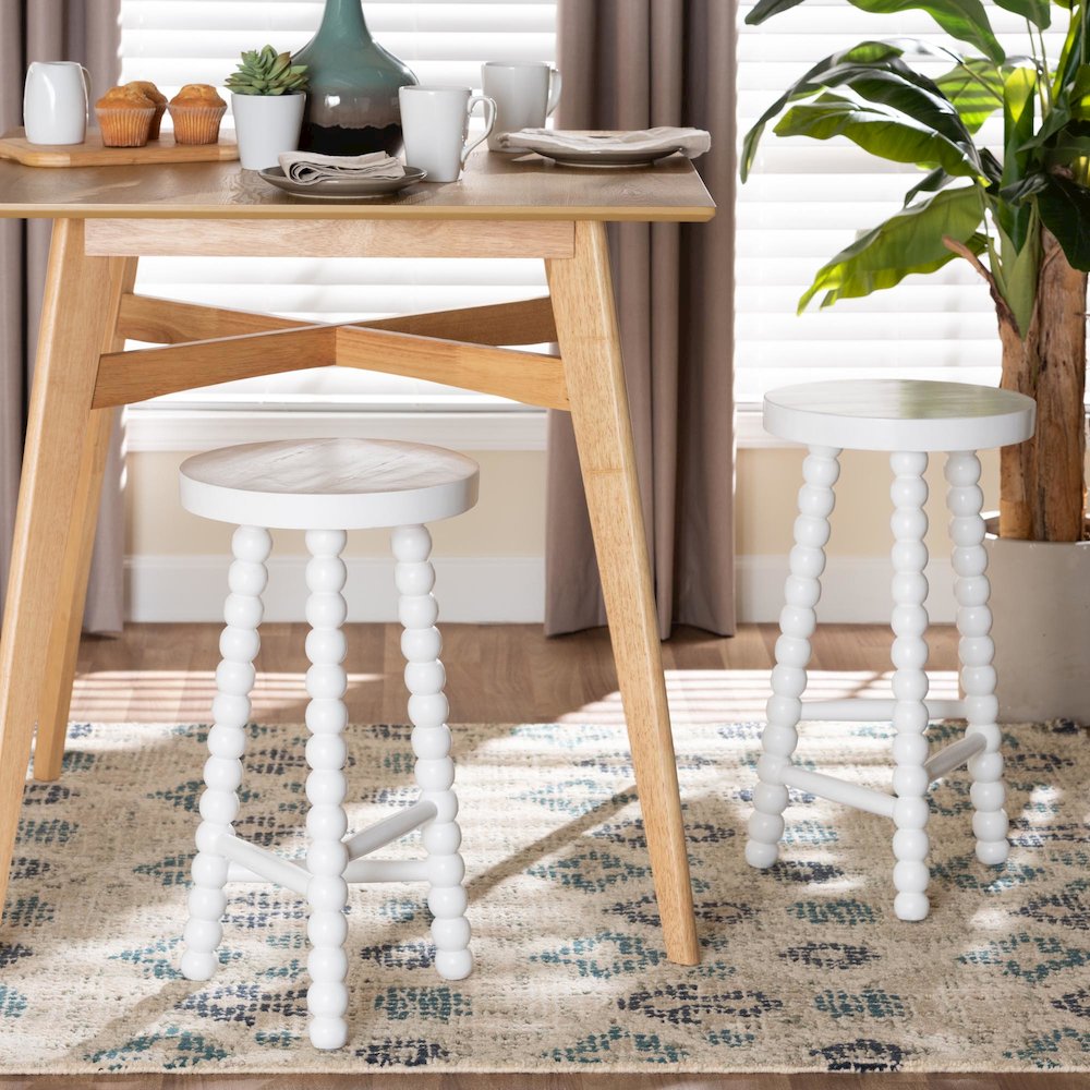 David Acacia Wood Bobbin Counter Stool - Sculptural Backless Accent, White. Picture 6