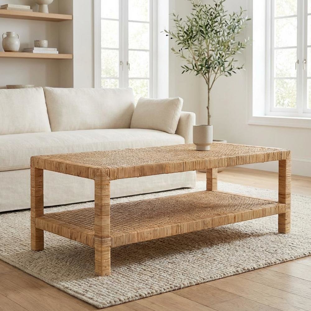 Light Honey Rattan and Mahogany Wood Coffee Table with Rattan-accent Frame. Picture 3