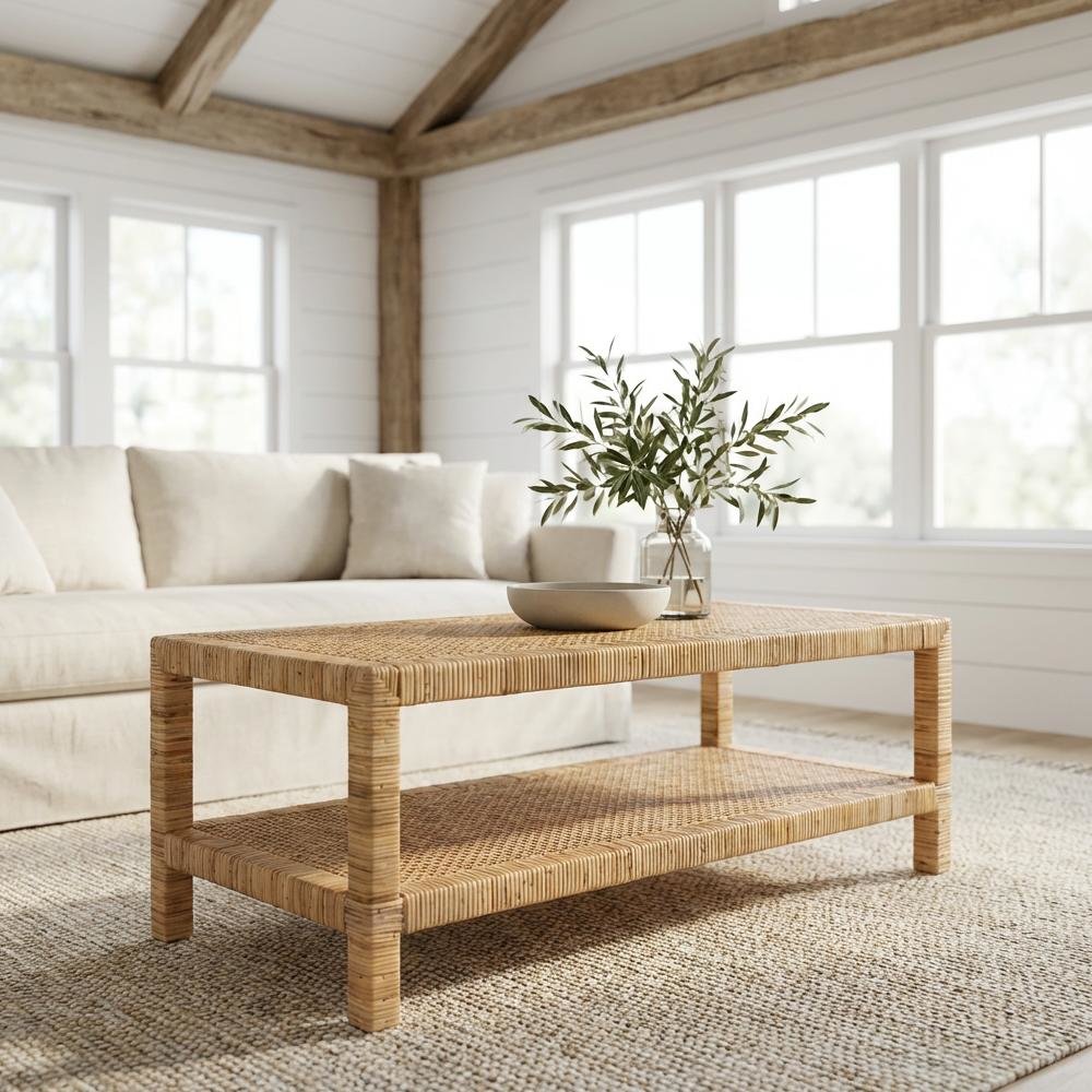 Light Honey Rattan and Mahogany Wood Coffee Table with Rattan-accent Frame. Picture 2