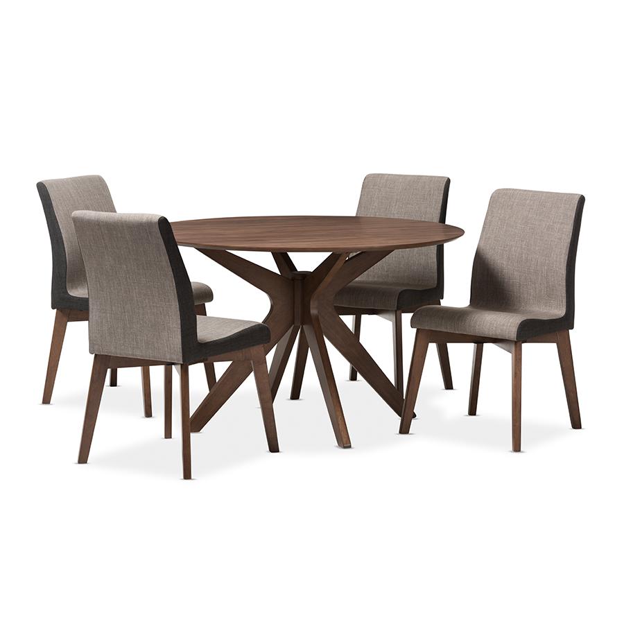 Baxton Studio Kimberly Mid-Century Modern Walnut Wood Round 5-Piece Dining Set. Picture 1