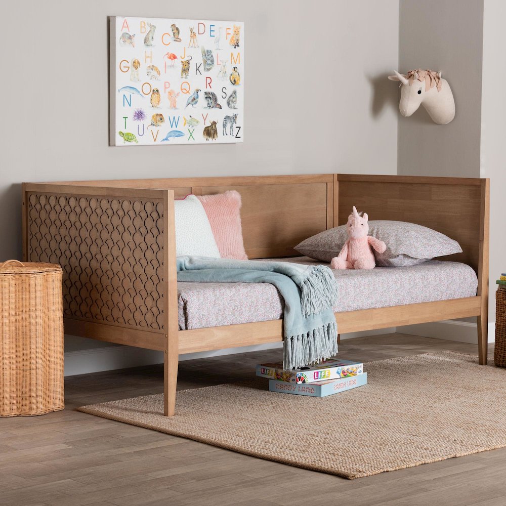 Lara Twin Daybed - Modern Wood Bed Frame with Wraparound Laser-Cut, Oak Brown. Picture 8