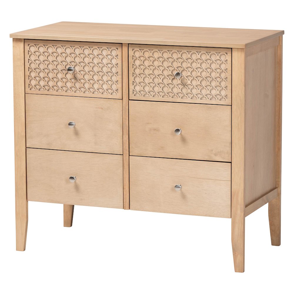 Lara Dresser - 6-Drawer Bedroom Storage Chest with Laser-Cut, Oak Brown. Picture 1