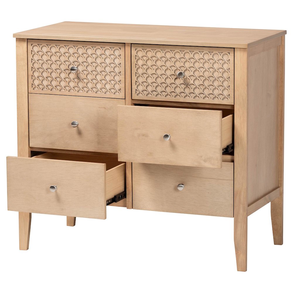 Lara Dresser - 6-Drawer Bedroom Storage Chest with Laser-Cut, Oak Brown. Picture 2
