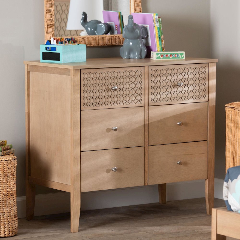 Lara Dresser - 6-Drawer Bedroom Storage Chest with Laser-Cut, Oak Brown. Picture 8