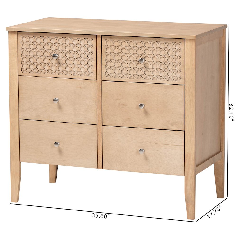 Lara Dresser - 6-Drawer Bedroom Storage Chest with Laser-Cut, Oak Brown. Picture 9