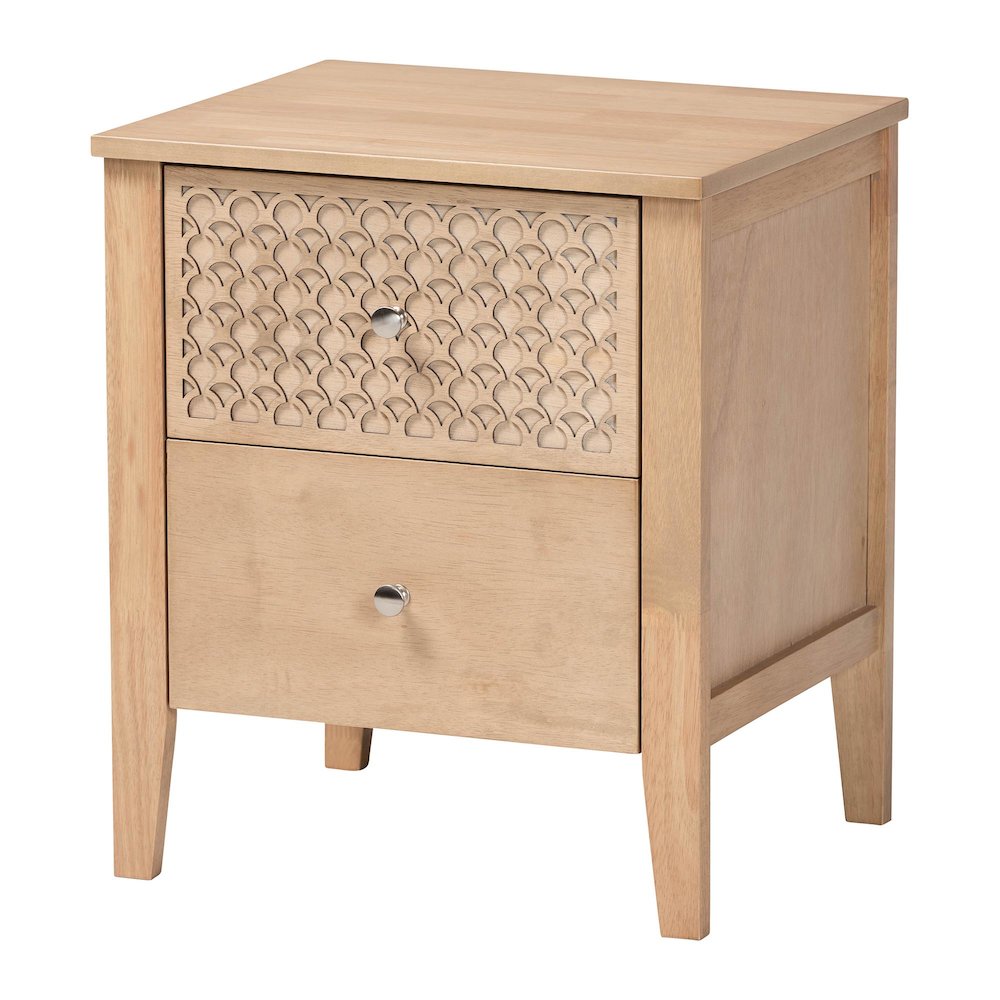 Lara Nightstand - 2-Drawer Bedside Table with Laser-Cut Geometric, Oak Brown. Picture 1