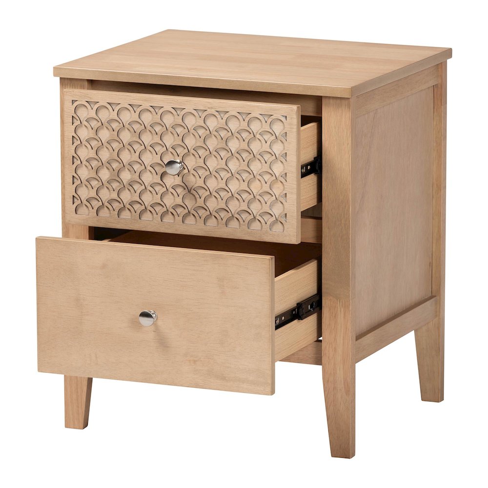 Lara Nightstand - 2-Drawer Bedside Table with Laser-Cut Geometric, Oak Brown. Picture 2