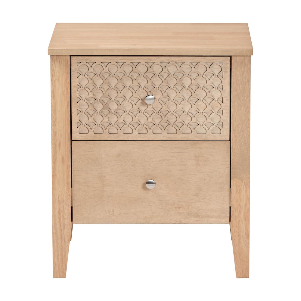 Lara Nightstand - 2-Drawer Bedside Table with Laser-Cut Geometric, Oak Brown. Picture 3