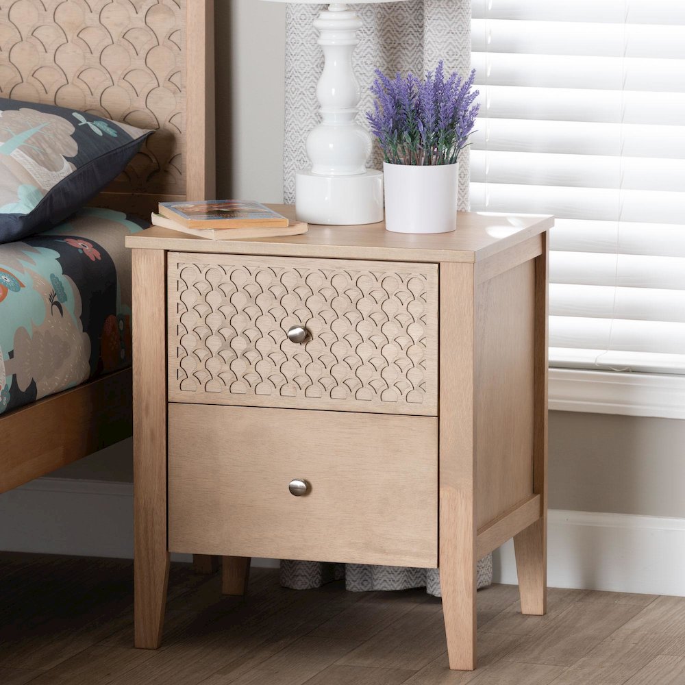 Lara Nightstand - 2-Drawer Bedside Table with Laser-Cut Geometric, Oak Brown. Picture 8
