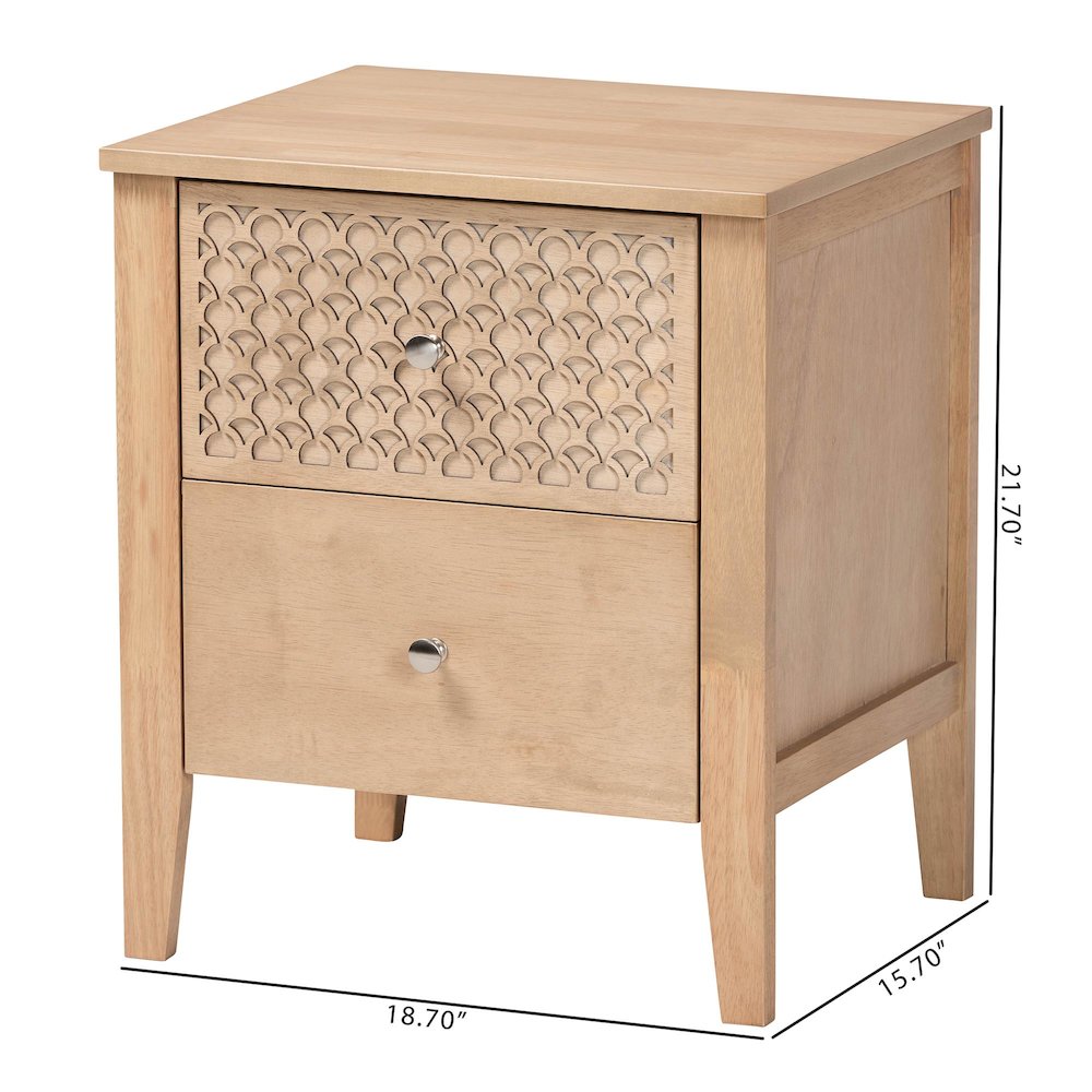 Lara Nightstand - 2-Drawer Bedside Table with Laser-Cut Geometric, Oak Brown. Picture 9