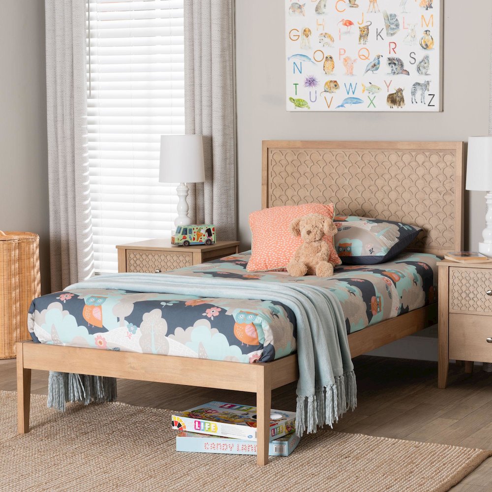 Lara Twin Platform Bed - Modern Wood Bed Frame with Laser-Cut, Oak Brown. Picture 7