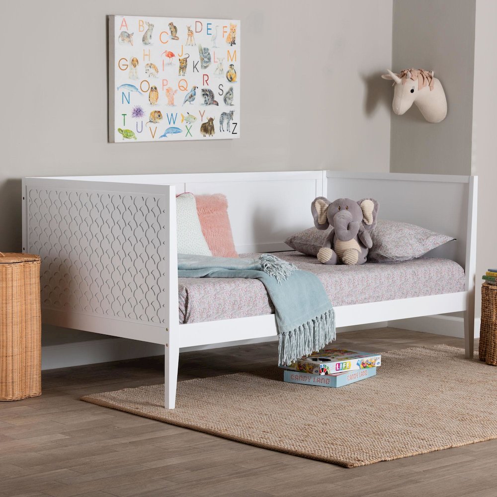 Lara Twin Daybed - Modern Wood Bed Frame with Wraparound Laser-Cut, White. Picture 8