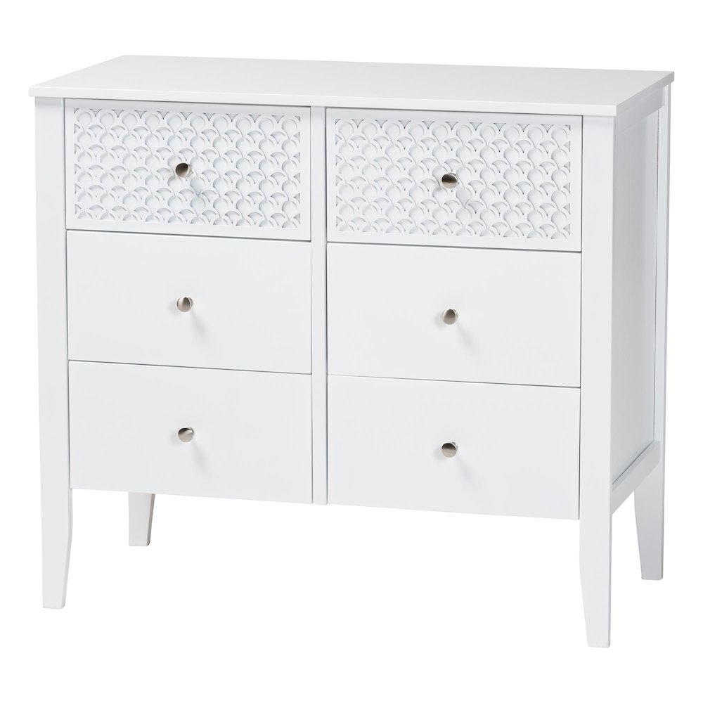 Lara Dresser - 6-Drawer Bedroom Storage Chest with Laser-Cut Geometric, White. Picture 1
