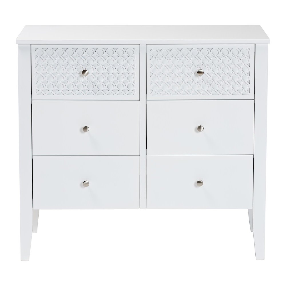Lara Dresser - 6-Drawer Bedroom Storage Chest with Laser-Cut Geometric, White. Picture 3