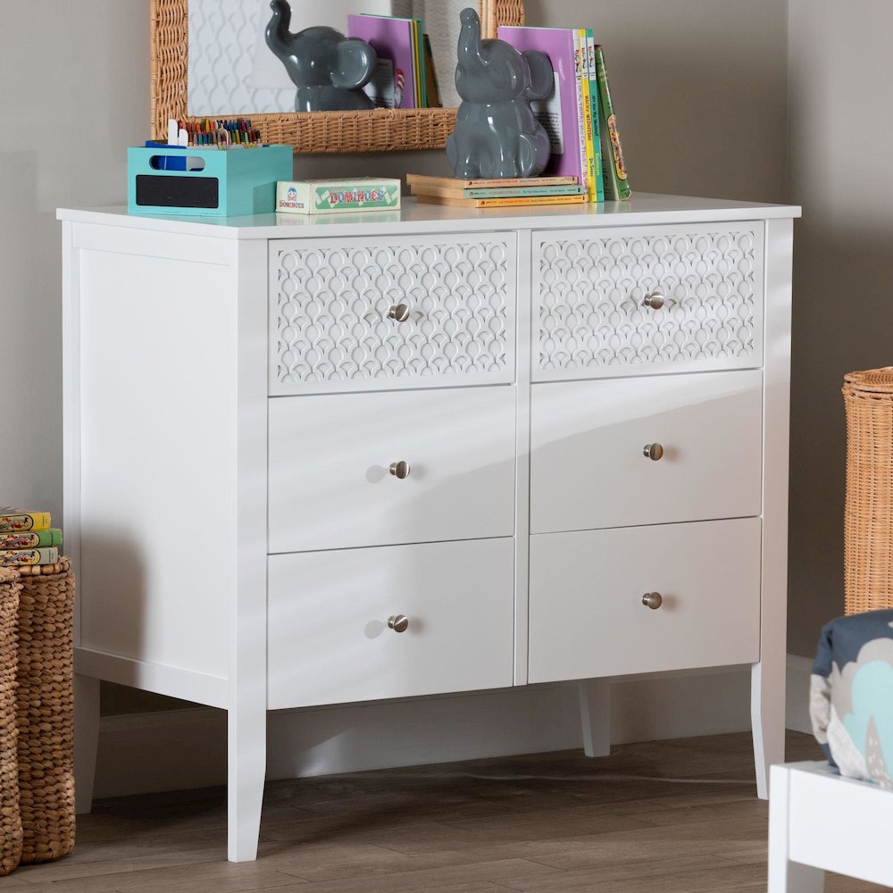 Lara Dresser - 6-Drawer Bedroom Storage Chest with Laser-Cut Geometric, White. Picture 8