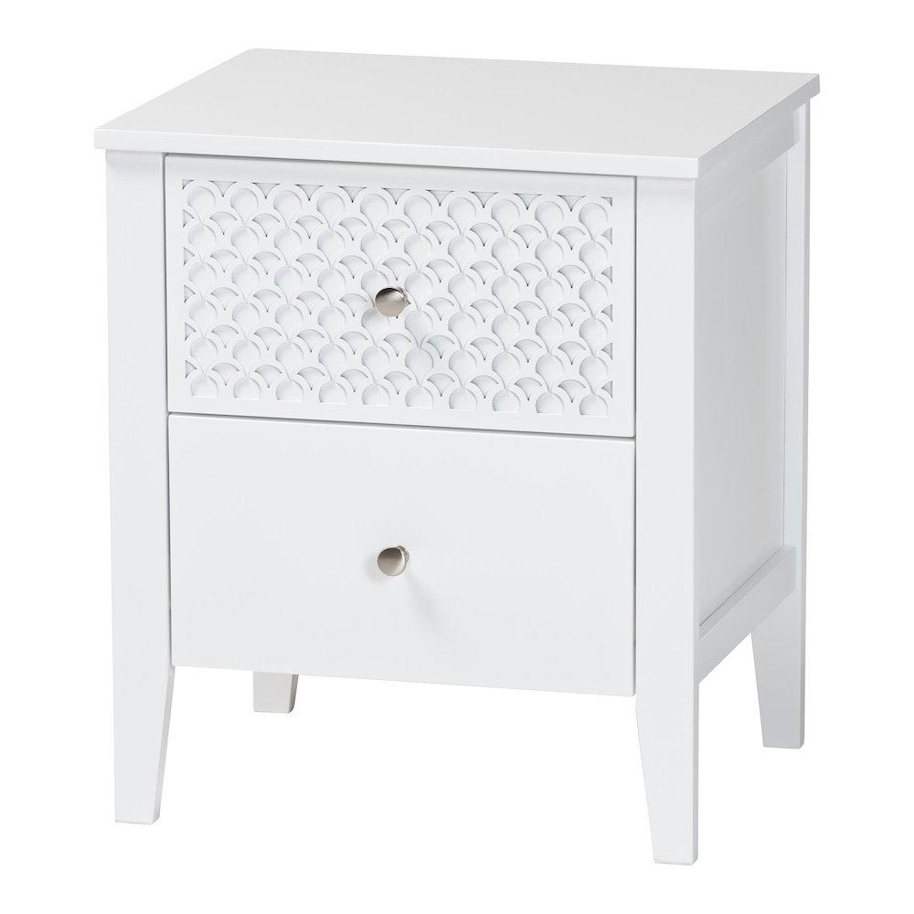 Lara Nightstand - 2-Drawer Bedside Table with Laser-Cut Geometric, White. Picture 1