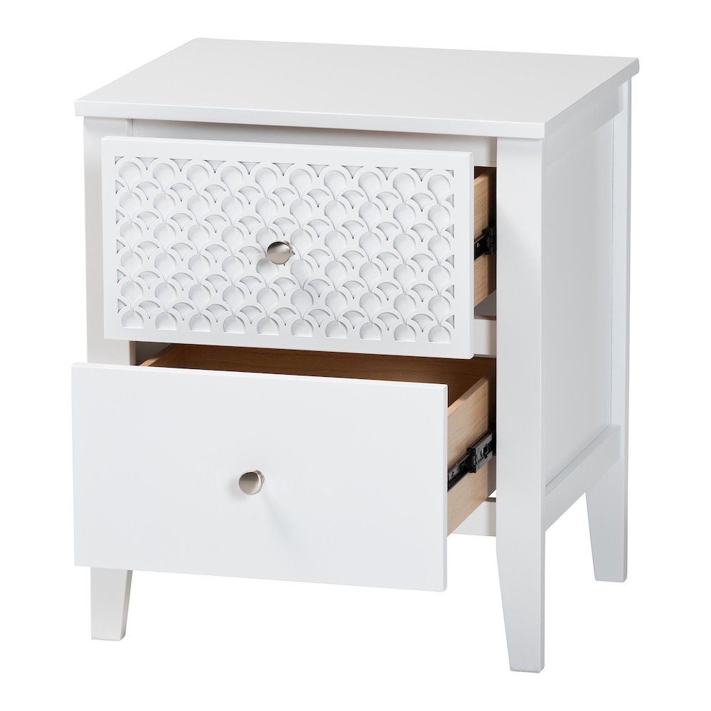 Lara Nightstand - 2-Drawer Bedside Table with Laser-Cut Geometric, White. Picture 2