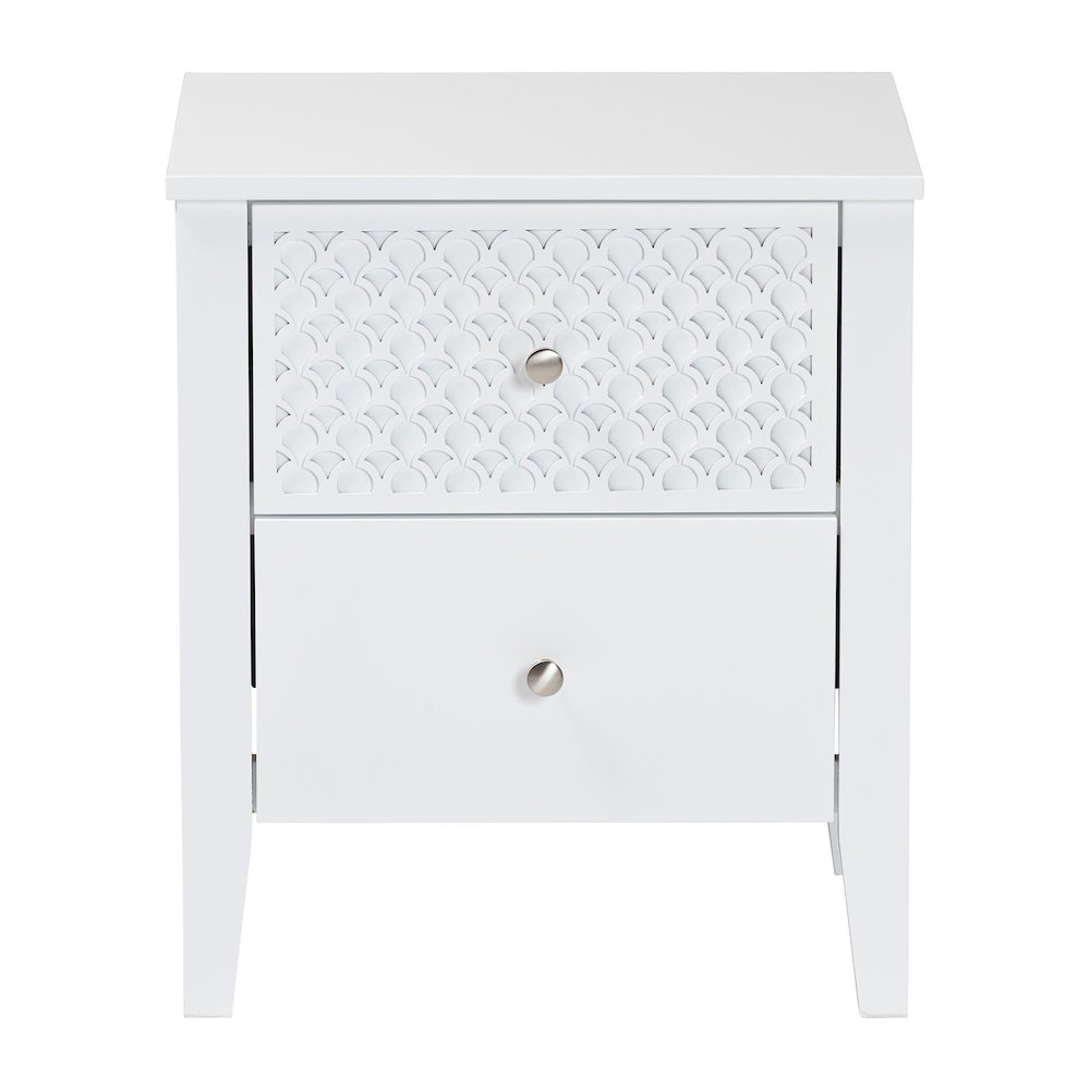 Lara Nightstand - 2-Drawer Bedside Table with Laser-Cut Geometric, White. Picture 3