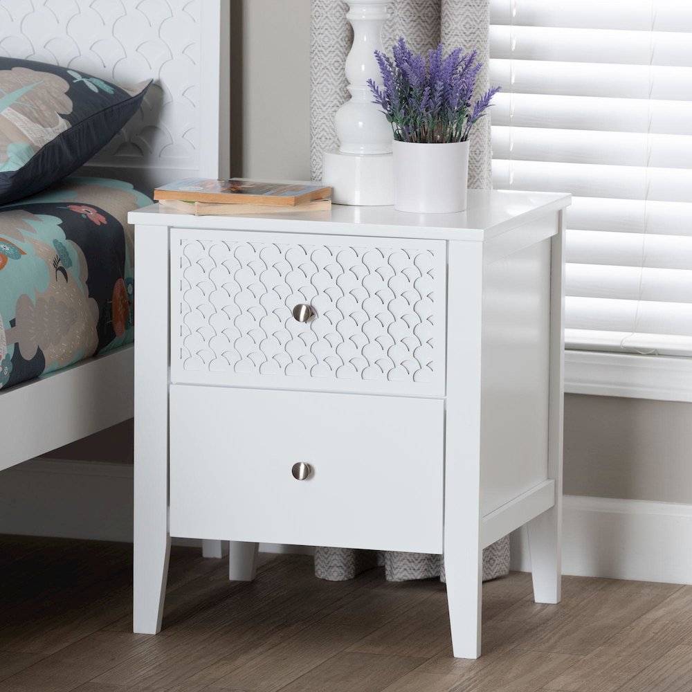 Lara Nightstand - 2-Drawer Bedside Table with Laser-Cut Geometric, White. Picture 8
