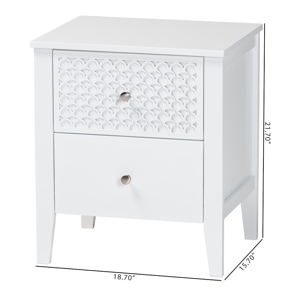 Lara Nightstand - 2-Drawer Bedside Table with Laser-Cut Geometric, White. Picture 9