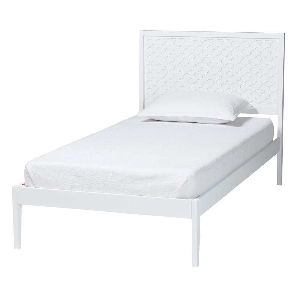 Lara Twin Platform Bed - Modern Wood Bed Frame with Laser-Cut Decorative, White. Picture 1