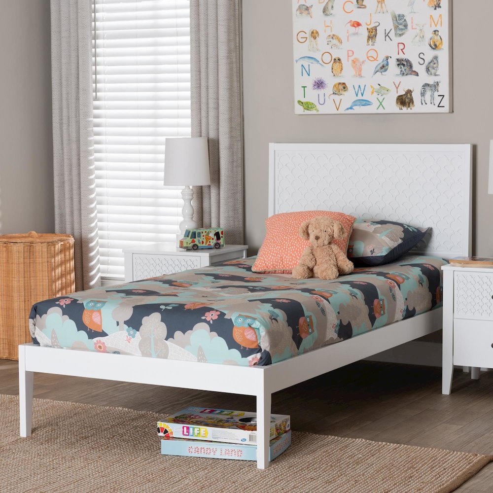 Lara Twin Platform Bed - Modern Wood Bed Frame with Laser-Cut Decorative, White. Picture 7