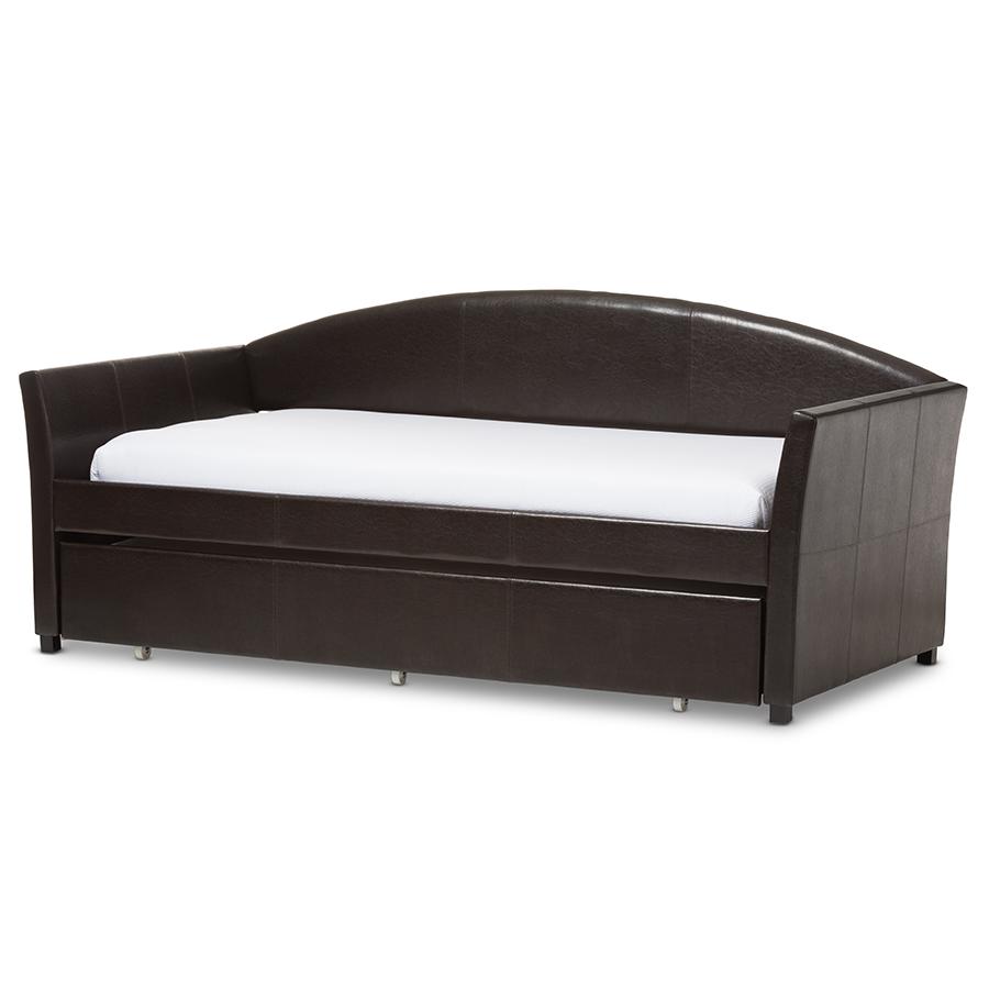 London Modern and Contemporary Brown Faux Leather Arched Back Sofa Twin Daybed. Picture 1