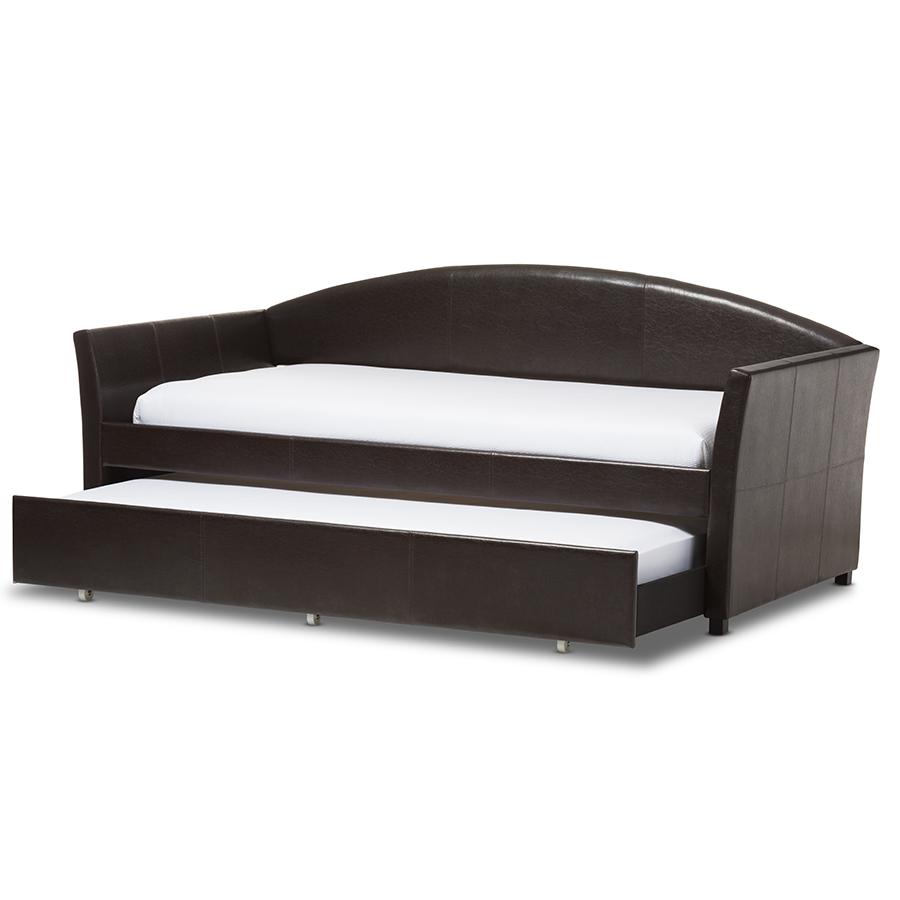 London Modern and Contemporary Brown Faux Leather Arched Back Sofa Twin Daybed. Picture 2